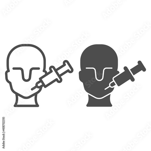Human head and syringe line and solid icon, injections concept, Face mesotherapy sign on white background, Medical or beauty treatment for skin care icon in outline style. Vector graphics.