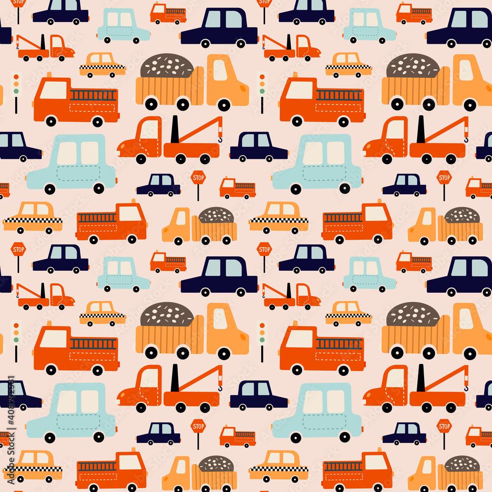 Seamless pattern of children cars and trucks