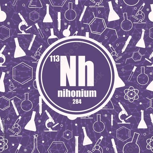Nihonium chemical element. Sign with atomic number and atomic weight. Chemical element of periodic table. Connected lines with dots. Circle frame with icons.