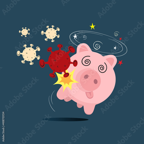 Coronavirus Cell Breaking Pigg Bank,Financial Coronavirus Crisis, illustration vector cartoon