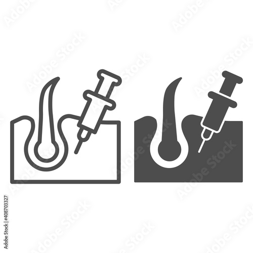 Hair follicle and syringe line and solid icon, injections concept, hair loss treatment sign on white background, Hairloss injection with syringe icon in outline style for mobile. Vector graphics.