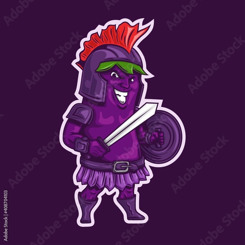 spartan eggplant logo character mascot on cartoon style