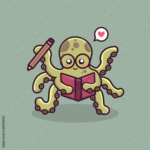 cute octopus holding book and pencil