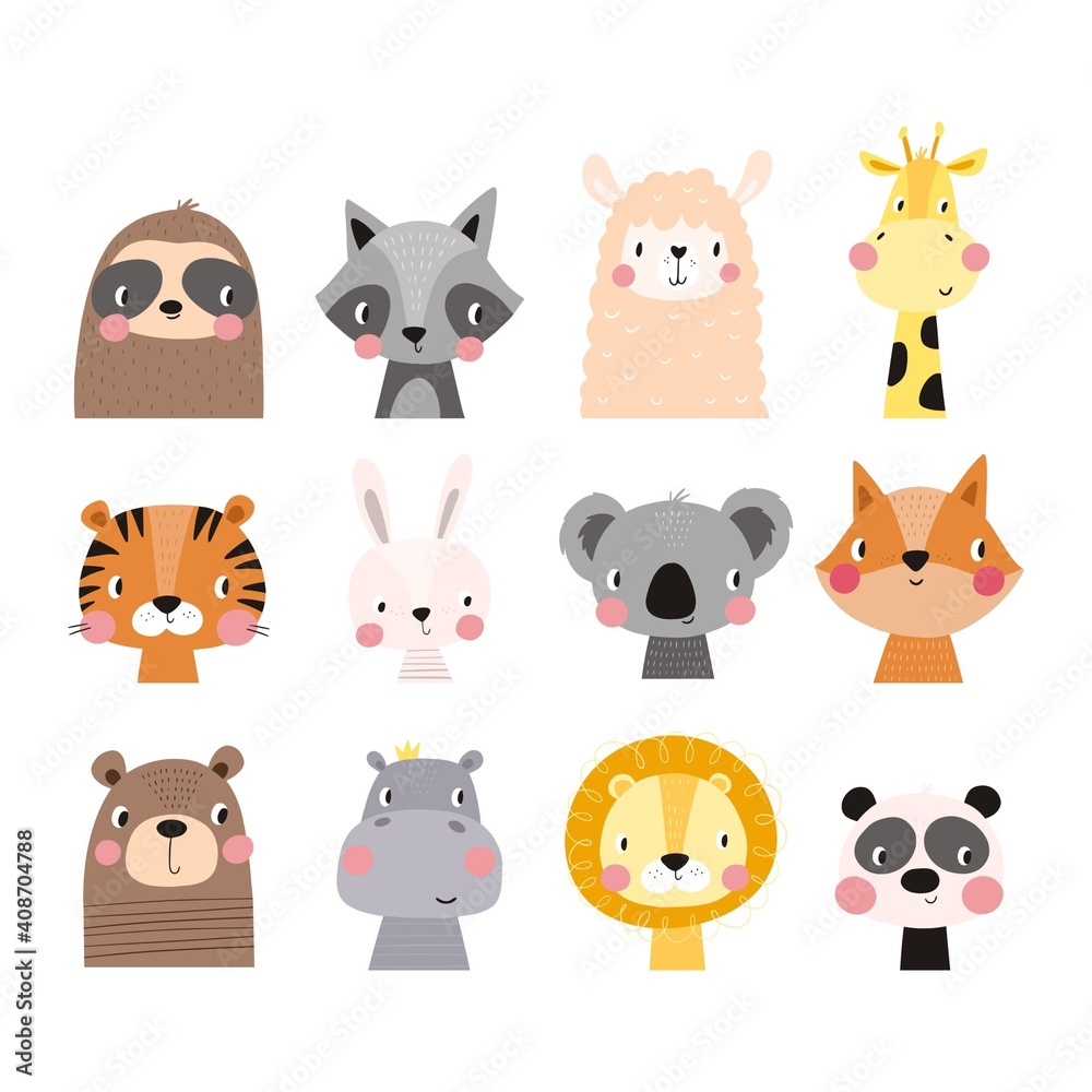 Fototapeta premium Cute vector print in scandinavian style. Hand drawn vector illustration for posters, cards, t-shirts. Monochrome sloth, hippo, fox, penguin, deer, tiger, bunny, panda, giraffe, bear