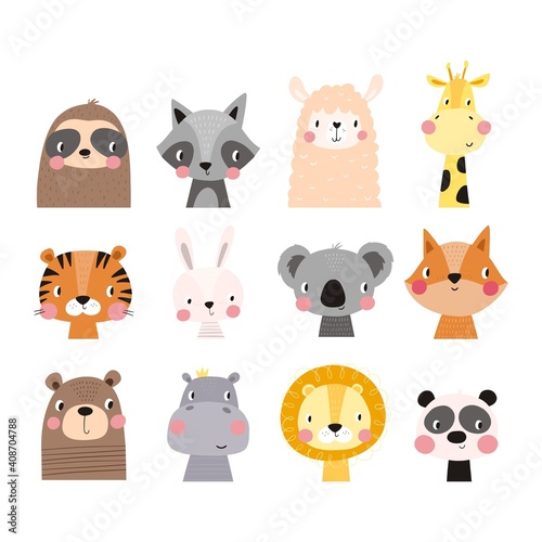 Fototapeta Naklejka Na Ścianę i Meble -  Cute vector print in scandinavian style.
Hand drawn vector illustration for posters, cards, t-shirts. Monochrome sloth, hippo, fox, penguin, deer, tiger, bunny, panda, giraffe, bear