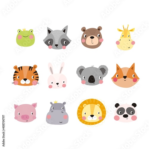 Cute vector print in scandinavian style. Hand drawn vector illustration for posters, cards, t-shirts. Monochrome sloth, hippo, fox, penguin, deer, tiger, bunny, panda, giraffe, bear