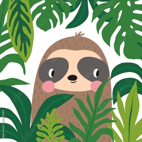 Cute cartoon character sloth/ Vector print with cute sloth bear in tropical leaves