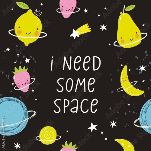 Cute cartoon fruits in space adventure. Fresh summer print for kids in modern stylle. Vector fruits planet in space.