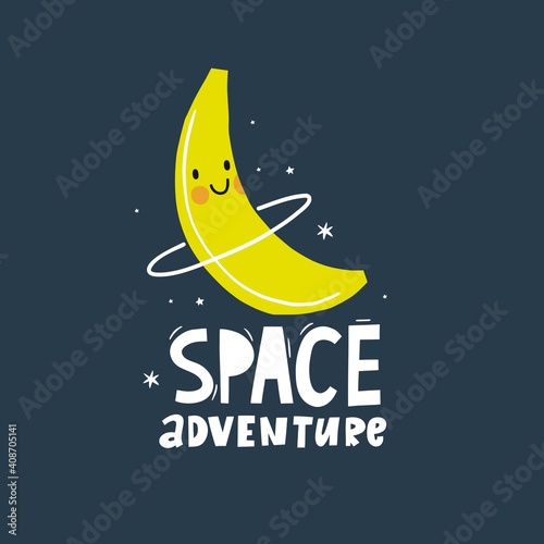 Cute cartoon fruits in space adventure. Fresh summer print for kids in modern stylle. Vector fruits planet in space.