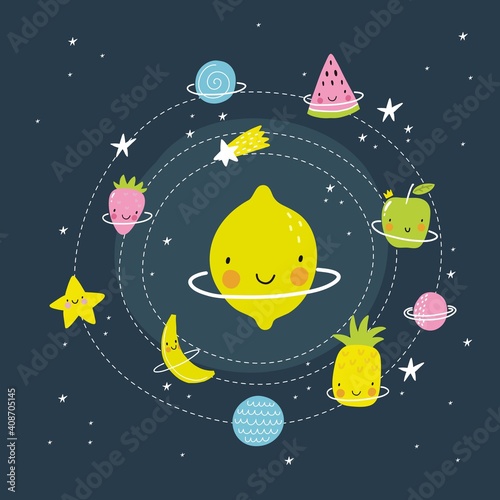 Cute cartoon fruits in space adventure. Fresh summer print for kids in modern stylle. Vector fruits planet in space.