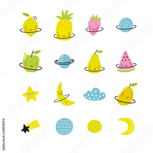 Cute cartoon fruits in space adventure. Fresh summer print for kids in modern stylle. Vector fruits planet in space.