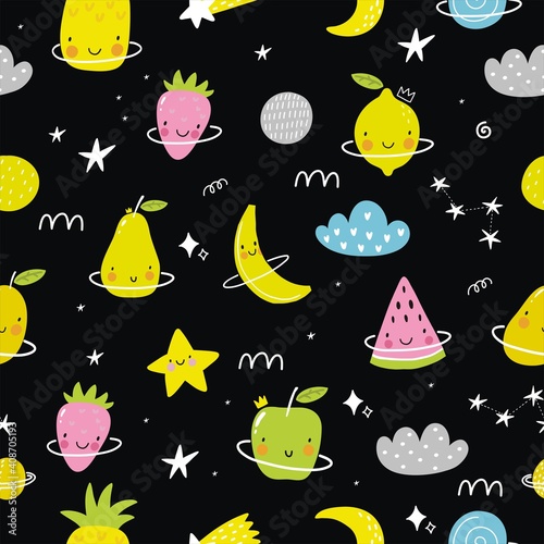 Cute cartoon fruits in space adventure. Fresh summer print for kids in modern stylle. Vector fruits planet in space.