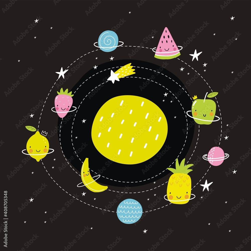 Cute cartoon fruits in space adventure. Fresh summer print for kids in