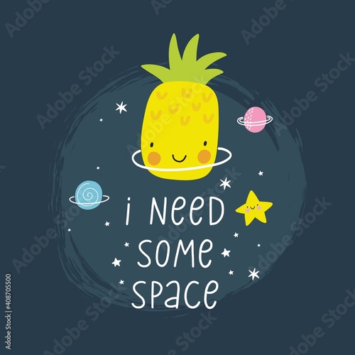 Cute cartoon fruits in space adventure. Fresh summer print for kids in modern stylle. Vector fruits planet in space.