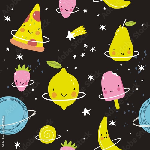 Cute cartoon fruits in space adventure. Fresh summer print for kids in modern stylle. Vector fruits planet in space.