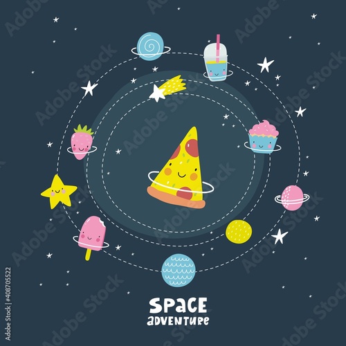 Cute cartoon fruits in space adventure. Fresh summer print for kids in modern stylle. Vector fruits planet in space.