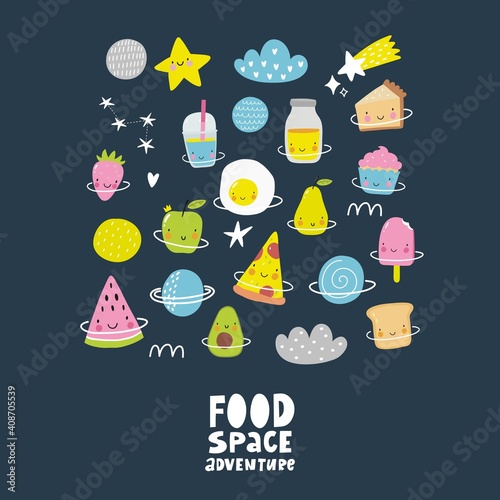 Cute cartoon fruits in space adventure. Fresh summer print for kids in modern stylle. Vector fruits planet in space.