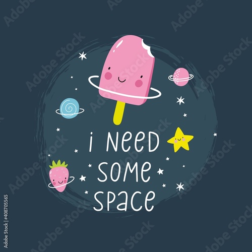 Cute cartoon fruits in space adventure. Fresh summer print for kids in modern stylle. Vector fruits planet in space.