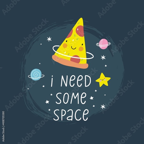 Cute cartoon fruits in space adventure. Fresh summer print for kids in modern stylle. Vector fruits planet in space.