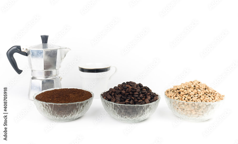 Coffee beans and pot isolated on white background