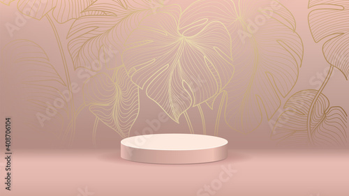 Luxury gold wall arts design with 3d cylinder podium background vector. Abstract minimal scene with gold botanical pattern for cosmetic product display, Stage pedestal for online shopping ad.
