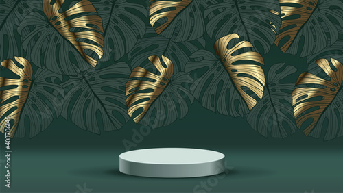Luxury gold tropical wall arts design with 3d cylinder podium background vector. Abstract minimal scene with gold botanical pattern for cosmetic product display, Stage pedestal for online shopping ad.