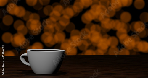 Render with a light cup with black coffee with brown bokeh, soft focus