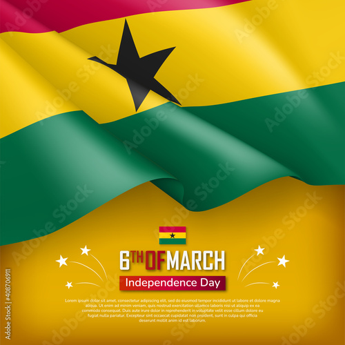 Happy Independence Day of Ghana banner template. 6th march greeting card, poster, invitation, festive background in national waving flag colors and celebration text realistic vector illustration
