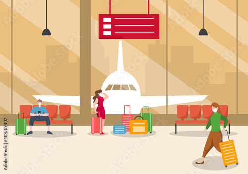New norma, Vector illustration People in Masks Sitting in Airport Interior Terminal, Business Travel Concept. Flat design.