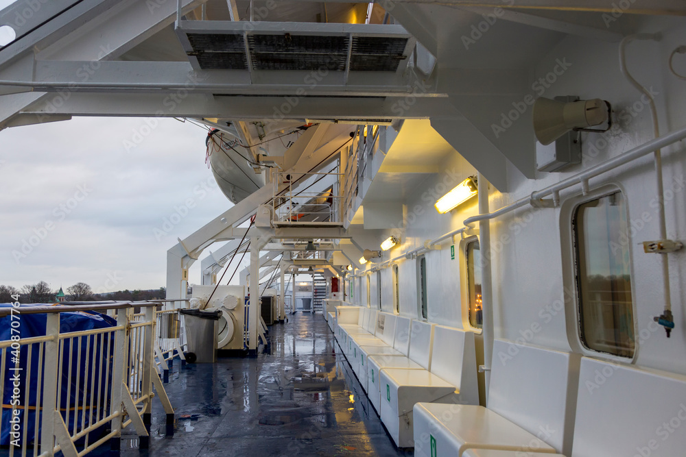 Helsinki, Finland - January 16, 2020: On the upper deck on board the Gabriella passenger cruise ferry.