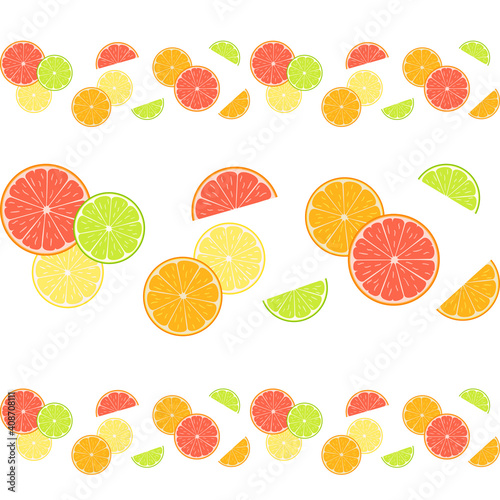 Colorful citruses, lemon, grapefruit, orange and lime on a white. Seamless horizontal border for packaging, wrapper, flyer, border tape for confectionery products, printing on textile, ribbon and menu