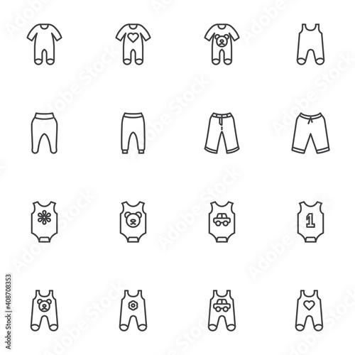 Newborn baby clothes line icons set  outline vector symbol collection  linear style pictogram pack. Signs  logo illustration. Set includes icons as boy and girl baby jumpsuit  romper suit  pants