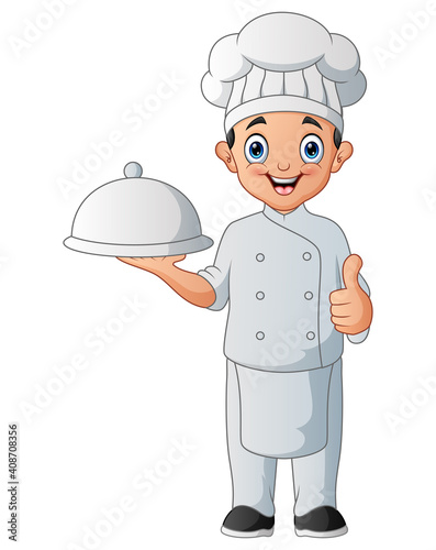 A cartoon happy chef holding a platter
