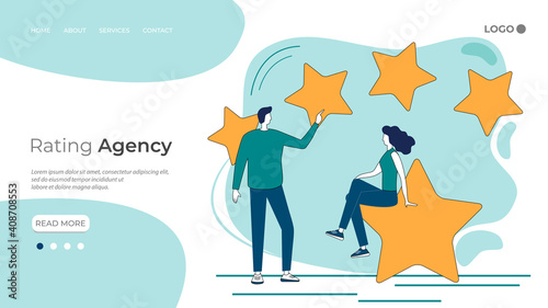 Young people put up a rating.The rating Agency, the people-rating stars.Assessment of opportunities and prospects.Flat vector illustration.The template of the landing page.
