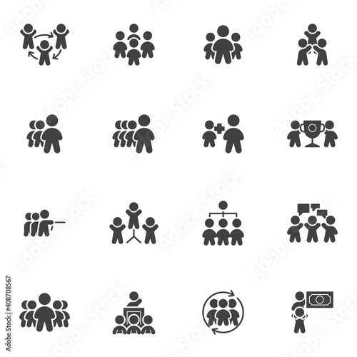 Business people communication vector icons set, modern solid symbol collection, filled style pictogram pack. Signs, logo illustration. Set includes icons as teamwork group, collaboration, team leader