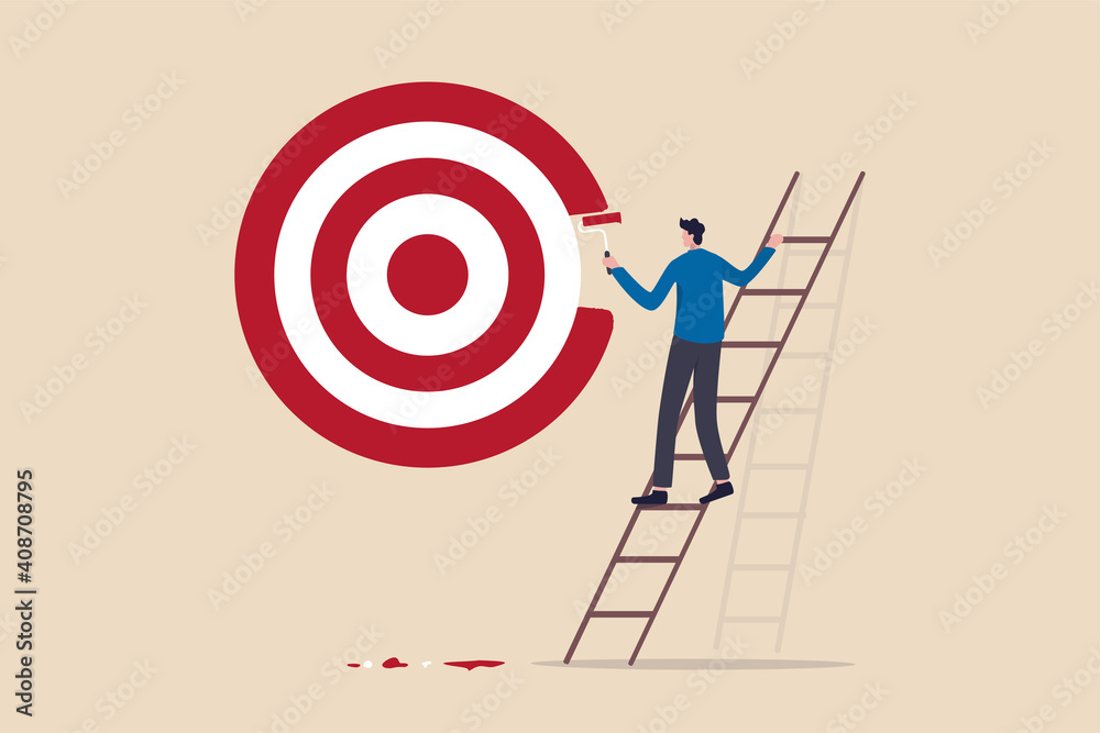Purpose, set business goal or target, KPI, key performance indicator or set objective and achievement concept, ambitious businessman on ladder using paint roller to paint big dartboard, archery target Purpose, set business goal or target, KPI, key performance indicator or set objective and achievement concept, ambitious businessman on ladder using paint roller to paint big dartboard, archery target