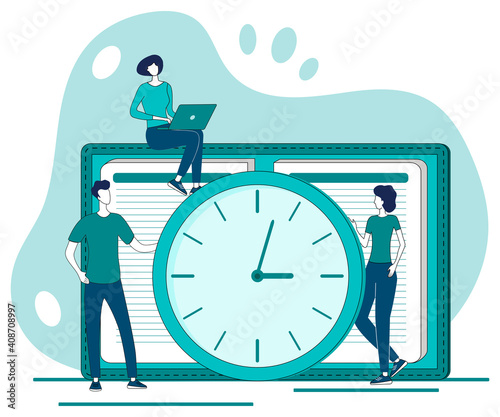 Time control.People on the background of a large clock and a daily planner.Time management and deadline.Scheduling of tasks.The concept of time preservation.Flat vector illustration.