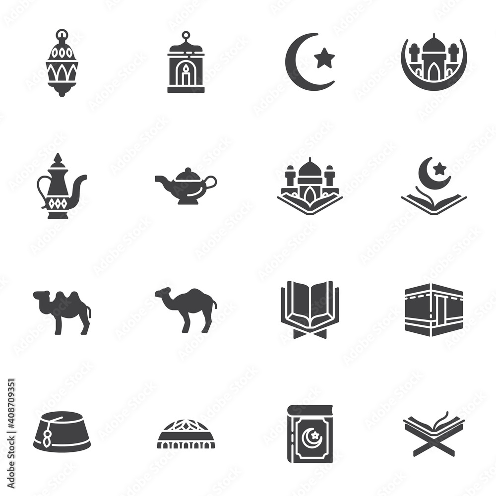Ramadan Kareem vector icons set, modern solid symbol collection, filled style pictogram pack. Signs, logo illustration. Set includes icons as ramadan lantern, islamic moon and star, mosque, Quran book Ramadan Kareem vector icons set, modern solid symbol collection, filled style pictogram pack. Signs, logo illustration. Set includes icons as ramadan lantern, islamic moon and star, mosque, Quran book