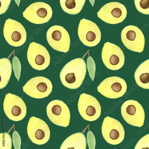 Seamless pattern with avocado halves on a green background. It can be used for fabrics, packaging paper, textiles, postcards, covers, wallpapers, menus. The illustration is hand-drawn in watercolour.