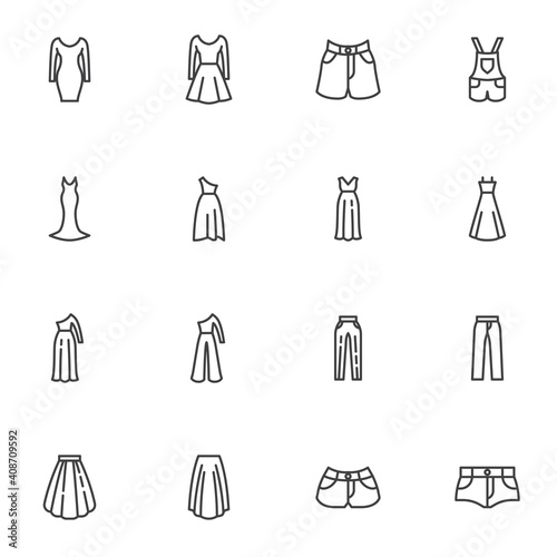 Women clothing line icons set  outline vector symbol collection  linear style pictogram pack. Signs  logo illustration. Set includes icons as elegant gown dress  skirt  denim overall  trousers  short