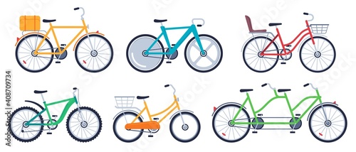 Bicycle of set color flat for adult and kids. Mountain bicycle, transport exercise, vector illustration