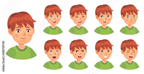 Boy emotions set, happy cry and angry. Illustration sad expression, smile character and kid fun, male surprise vector