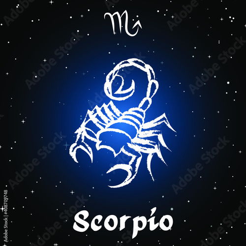 Scorpio horoscope sign in twelve zodiac with galaxy stars background
