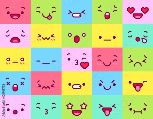 Cute colored faces collection. Happy smile expression, emotion of set in color square, emoticon cartoon. Vector illustration