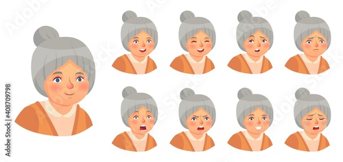 Grandmother emotions set. Vector woman lady expression, senior elder doubt face, surprise and annoying face illustration