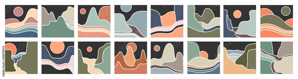 Abstract Landscape icons. Mountains, river, sea view. Hills, sun, moon. For social media and stories. Flat design. Big Set of hand drawn trendy Vector illustrations. Wallpaper templates.