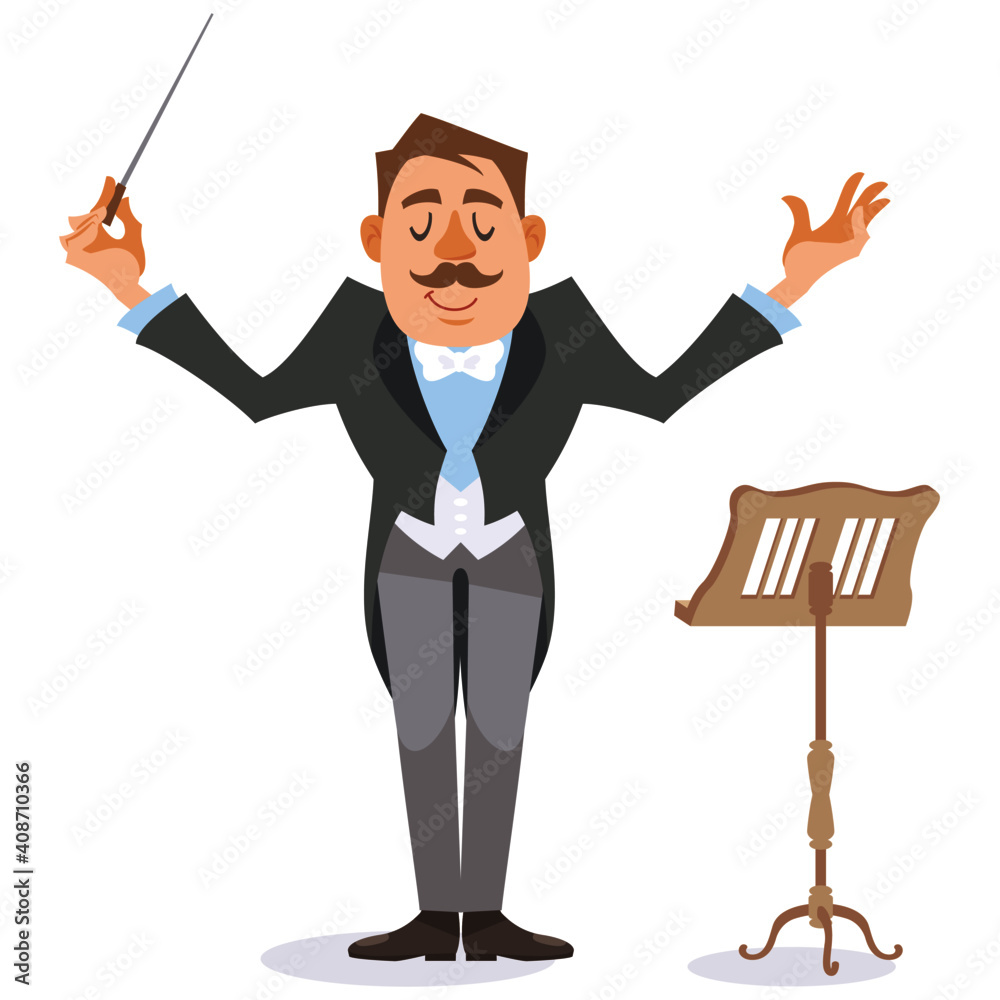 Music conductor conducting with baton. Vector illustration in flat cartoon style. Music conductor conducting with baton. Vector illustration in flat cartoon style.