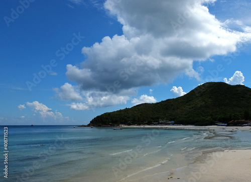 Natural landscape of Blue ocean sea and white sand beach with cloud blue sky