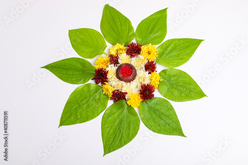 Photography Orange and yellow Marigold Flower and green leaf garland decoration for indian f