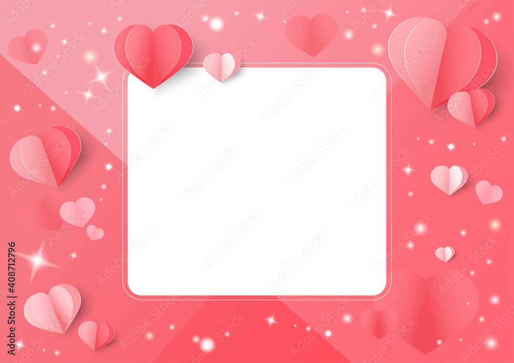 Valentine's day concept background. Red and pink paper hearts with white square frame.  Vector illustration.